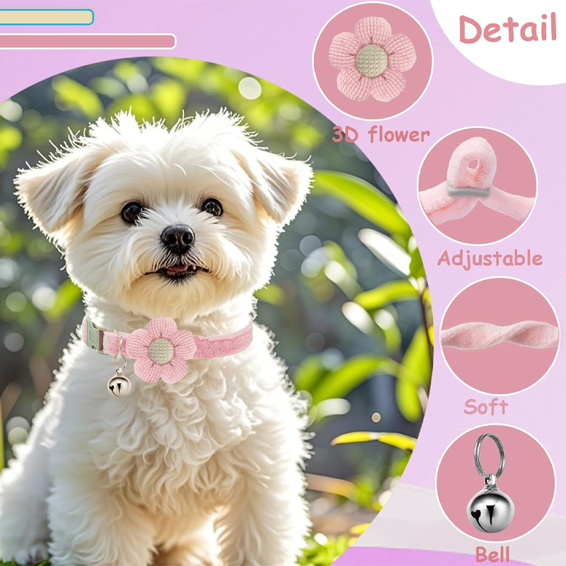 Small Dog Collar Pink with Flower and Bell