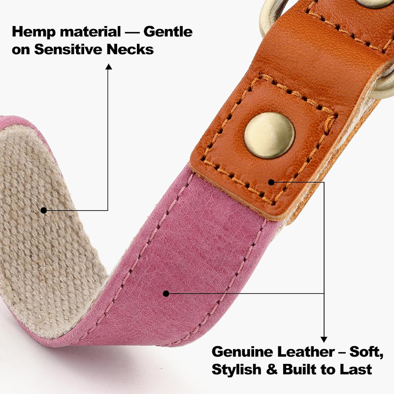 Genuine Leather & Hemp Dog Collar Pink
