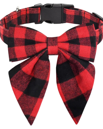 Plaid Christmas Dog Collar with Bowtie Red Black