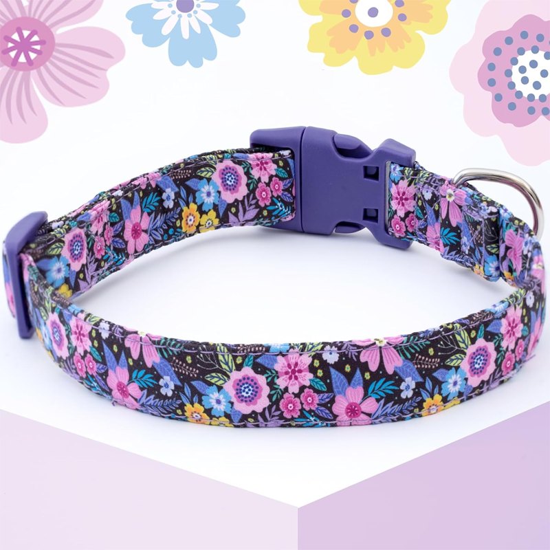 Cotton Floral Dog Collar Purple