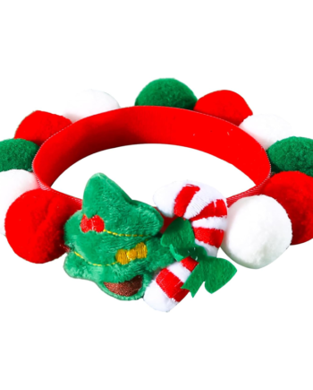 Red Christmas Dog Collar with Pom-Pom Headpiece