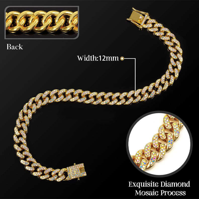 Diamond Link Metal Dog Chain Collar Gold